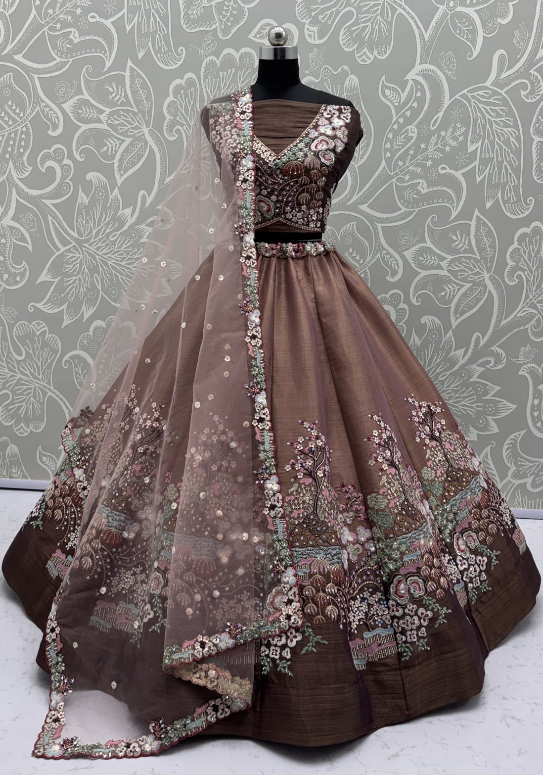 Eye-Catchy Brown Color Range Rainbow Shaded Sequins Work Partywear Lehengacholi 