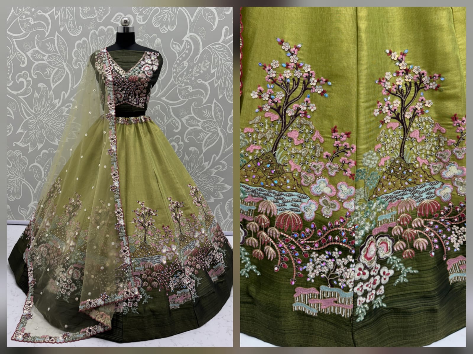 Eye-Catchy Green Color Range Rainbow Shaded Sequins Work Partywear Lehengacholi 