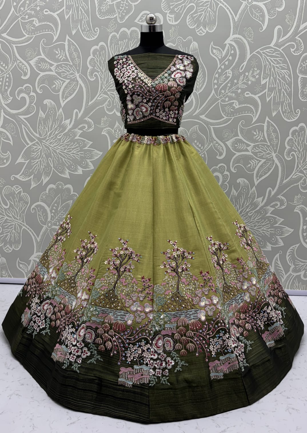 Eye-Catchy Green Color Range Rainbow Shaded Sequins Work Partywear Lehengacholi 
