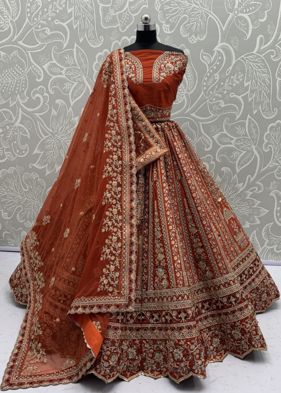 Double Orange Dupatta Combine Beautiful Color Cadbury Silk Designer Bridal Lehenga Choli 