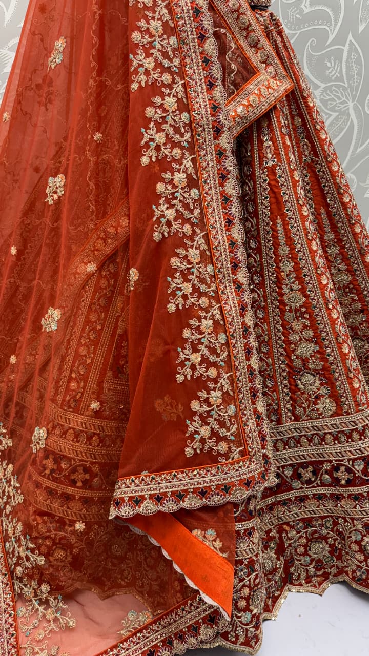 Double Orange Dupatta Combine Beautiful Color Cadbury Silk Designer Bridal Lehenga Choli 
