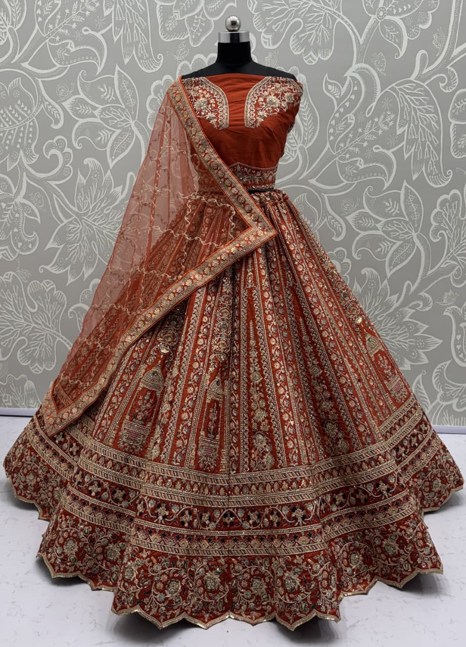 Double Orange Dupatta Combine Beautiful Color Cadbury Silk Designer Bridal Lehenga Choli 