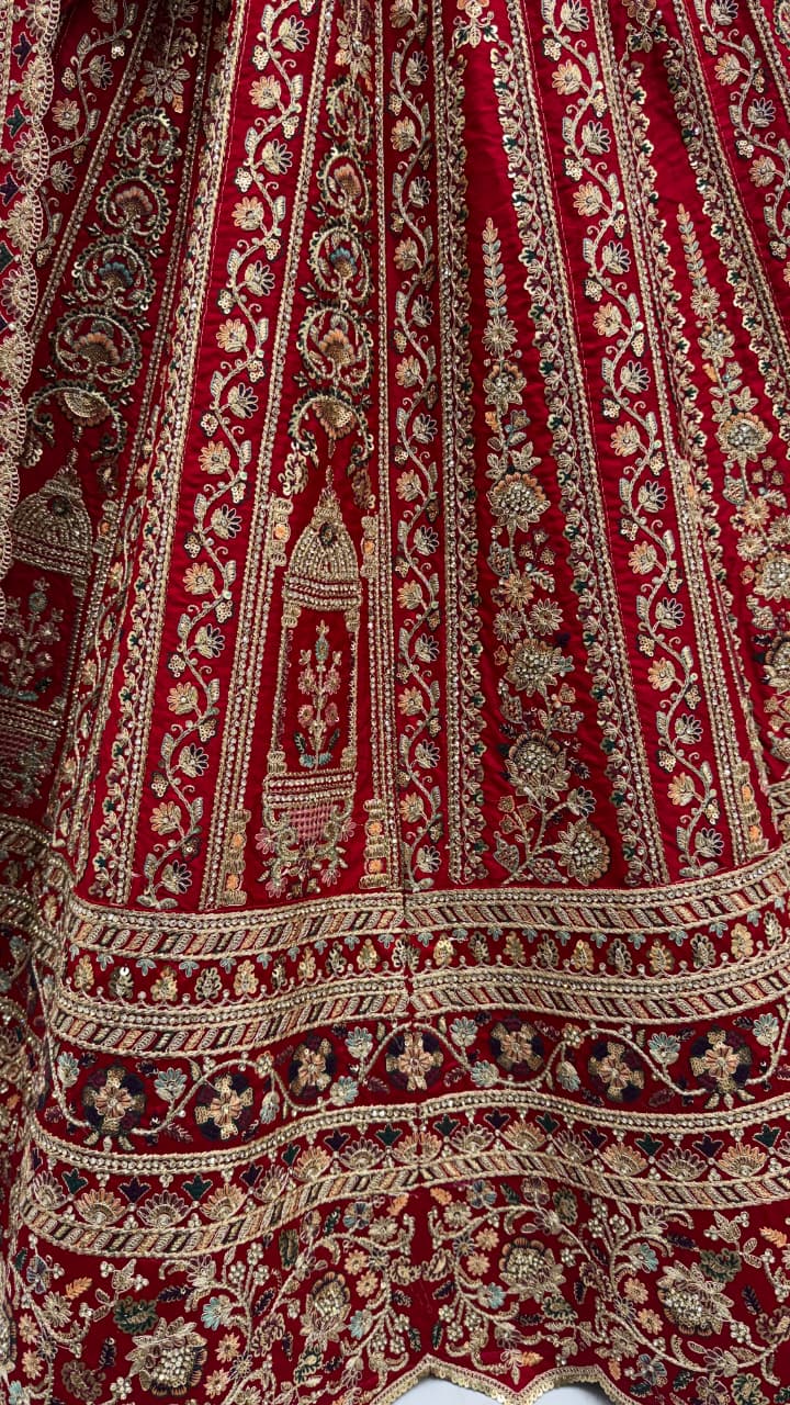 Double Red Dupatta Combine Beautiful Color Cadbury Silk Designer Bridal Lehenga Choli 
