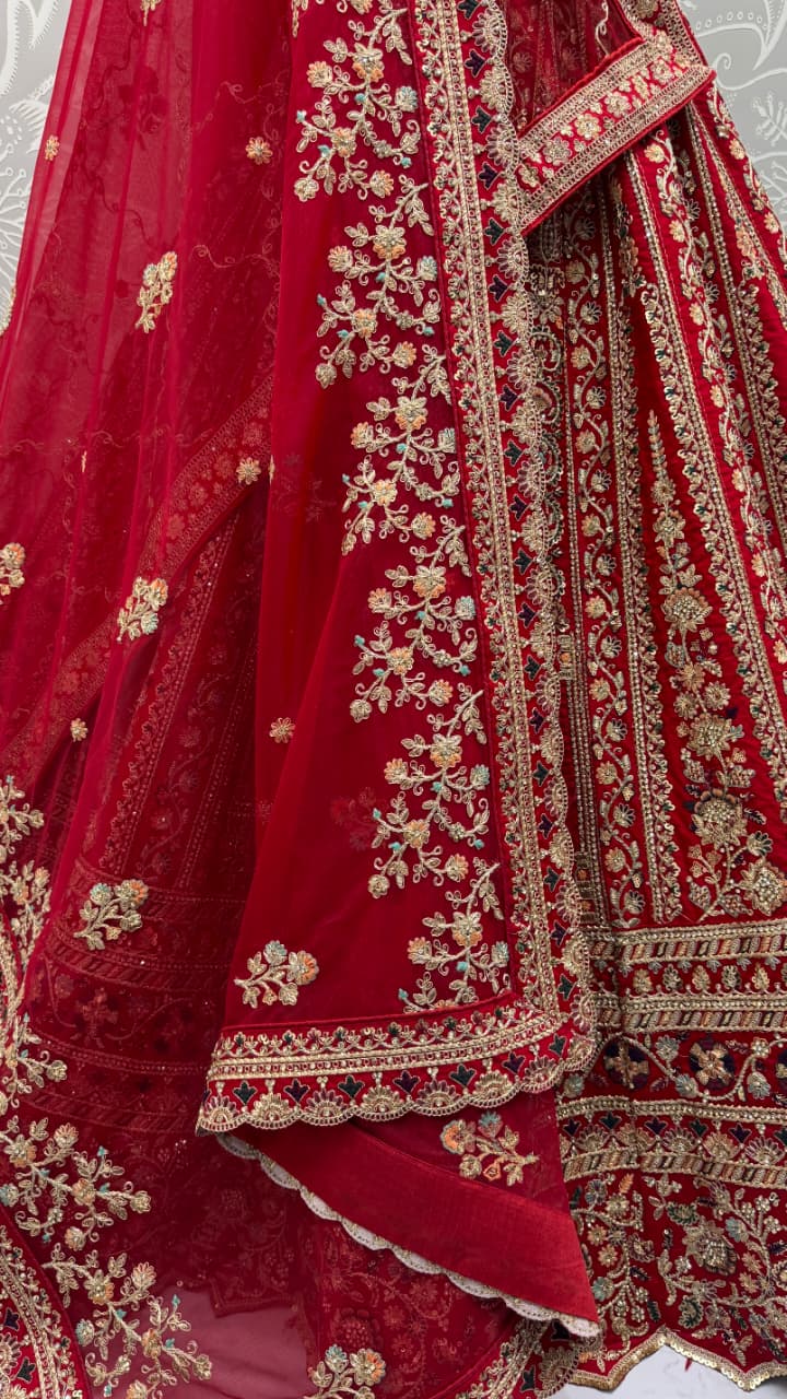 Double Red Dupatta Combine Beautiful Color Cadbury Silk Designer Bridal Lehenga Choli 