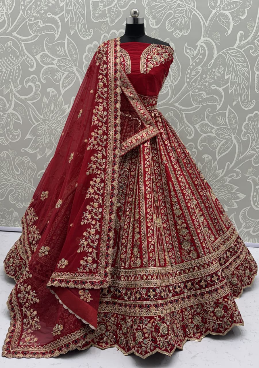 Double Red Dupatta Combine Beautiful Color Cadbury Silk Designer Bridal Lehenga Choli 