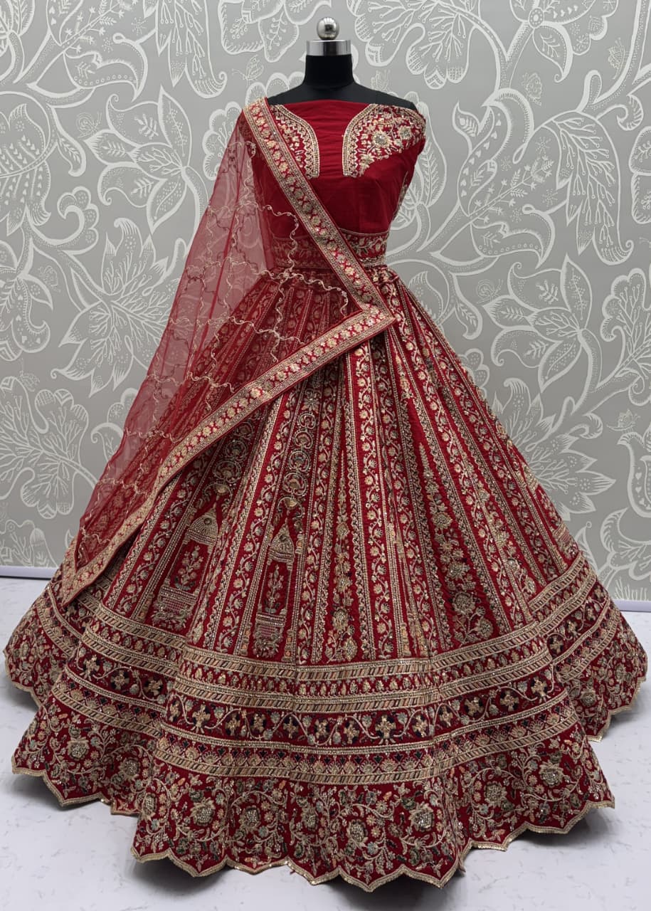 Double Red Dupatta Combine Beautiful Color Cadbury Silk Designer Bridal Lehenga Choli 