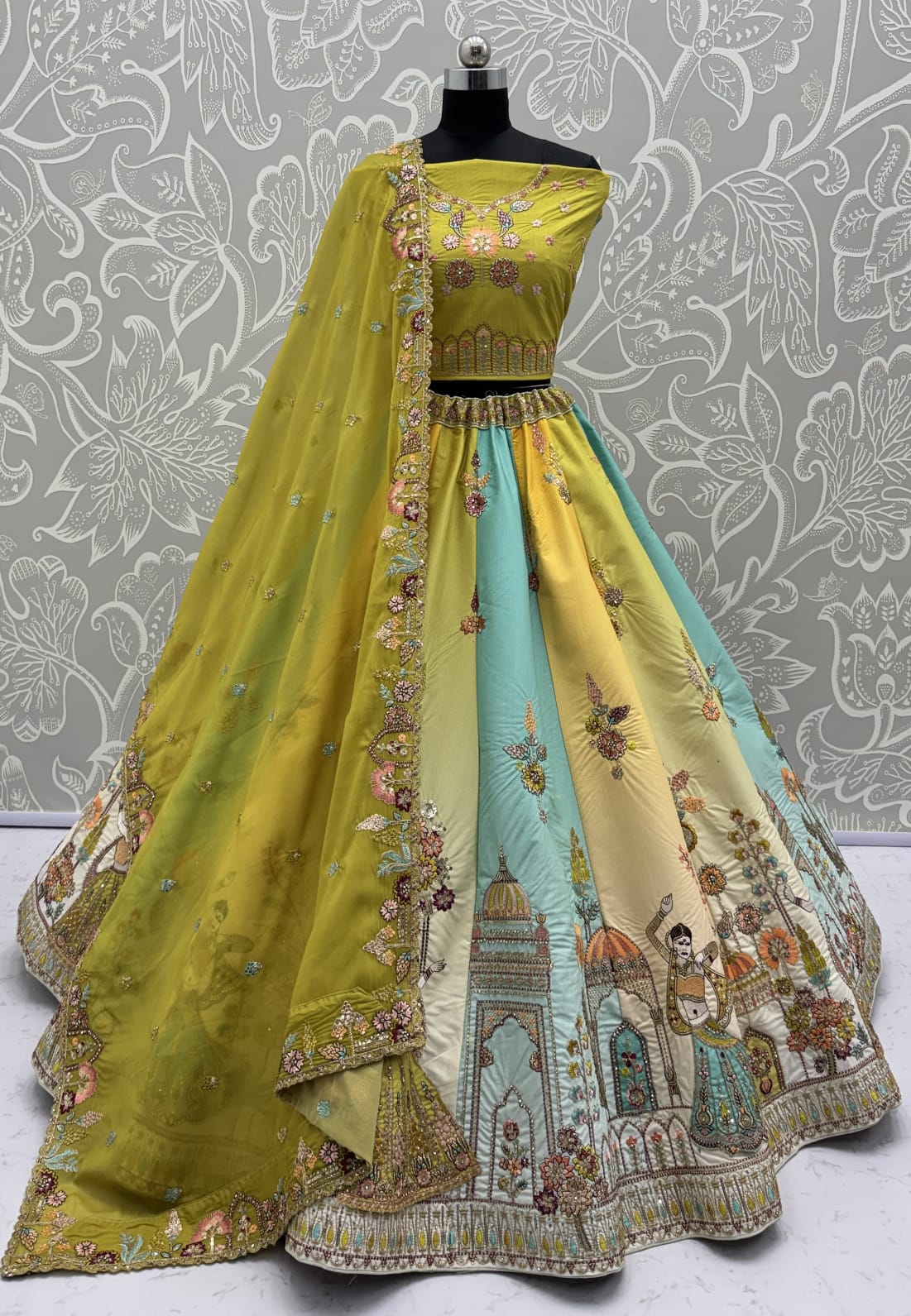 Exceptional Lime Green Craft Embroidery Patch on Multi Color Lehenga with Sober Embroidery work on it with beautiful dupatta and Blouse 