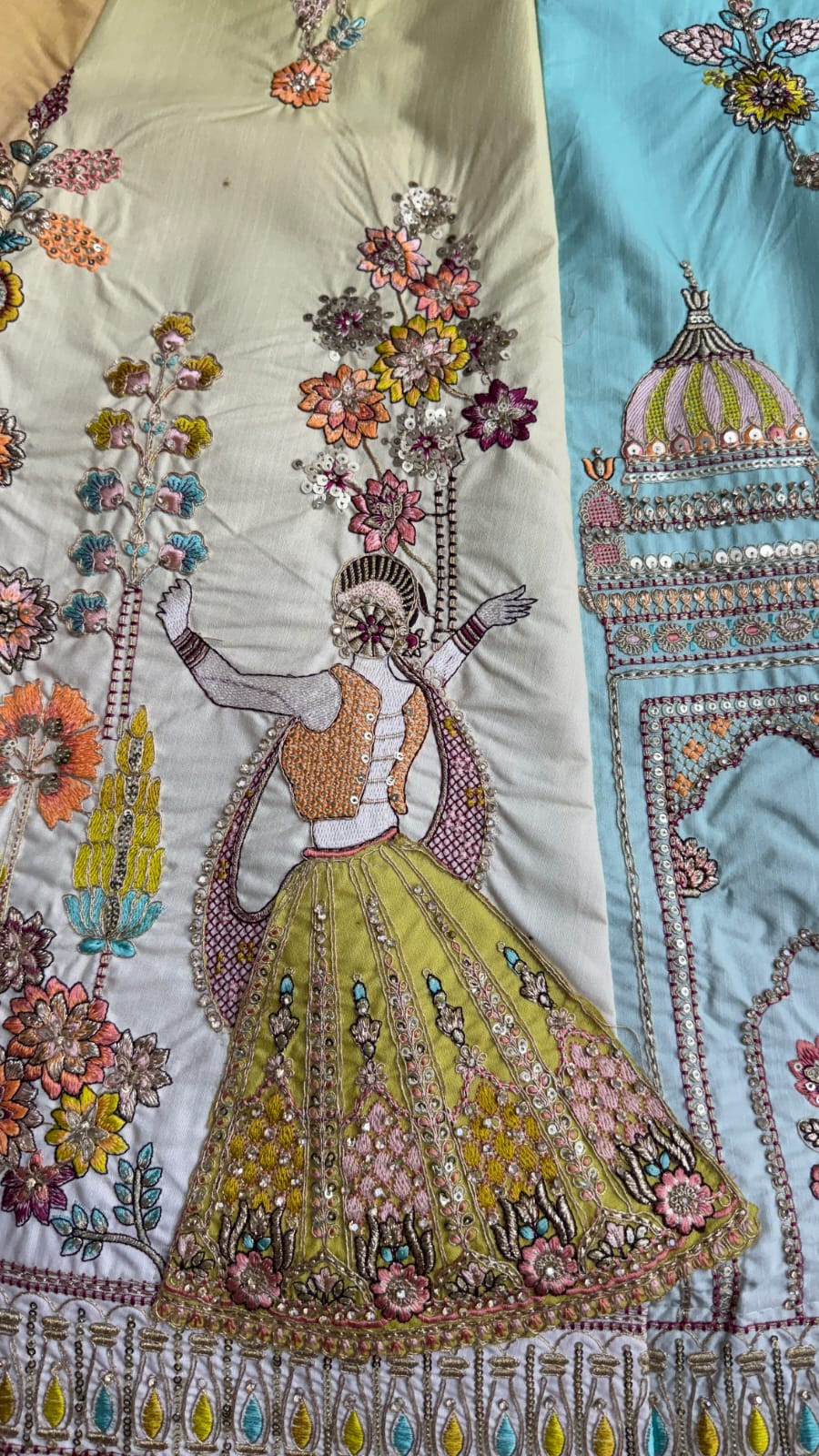 Exceptional Lime Green Craft Embroidery Patch on Multi Color Lehenga with Sober Embroidery work on it with beautiful dupatta and Blouse 