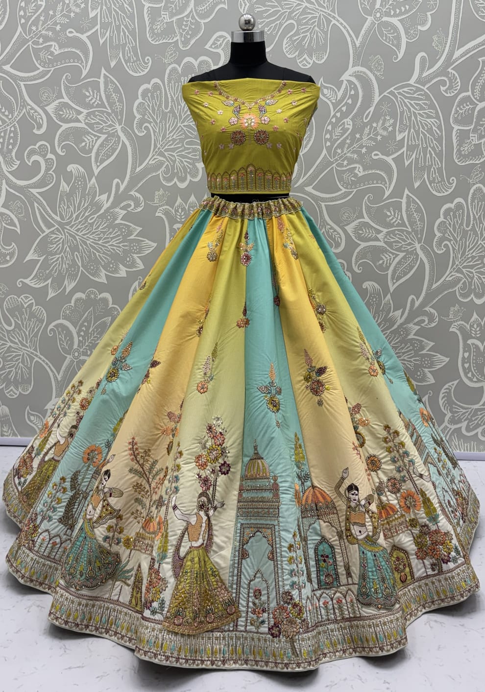 Exceptional Lime Green Craft Embroidery Patch on Multi Color Lehenga with Sober Embroidery work on it with beautiful dupatta and Blouse 