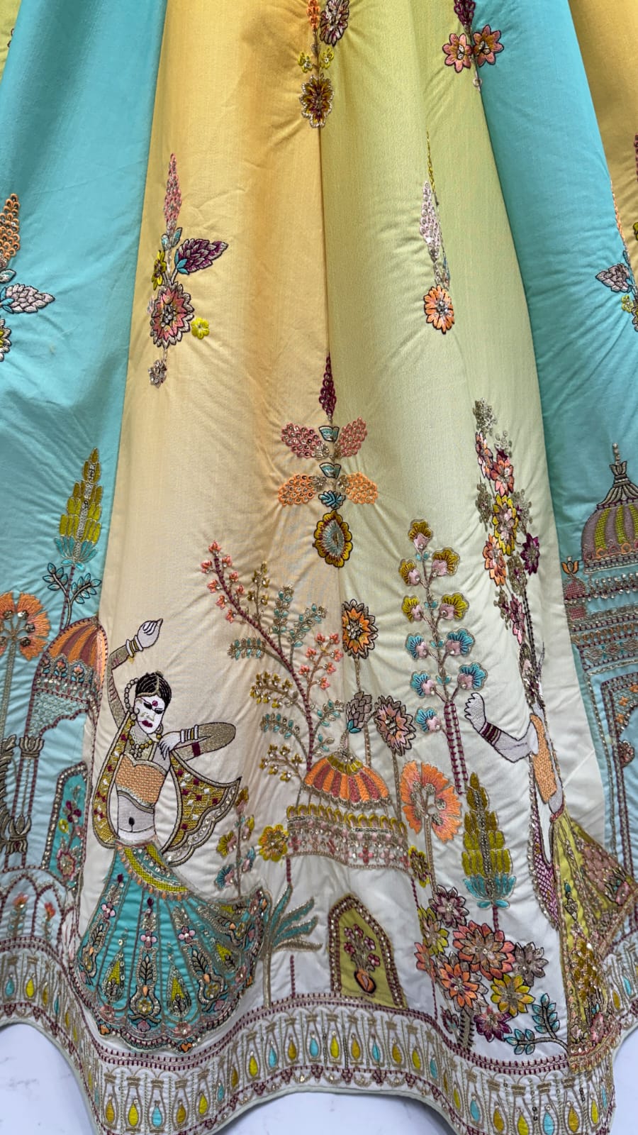 Exceptional Lime Green Craft Embroidery Patch on Multi Color Lehenga with Sober Embroidery work on it with beautiful dupatta and Blouse 