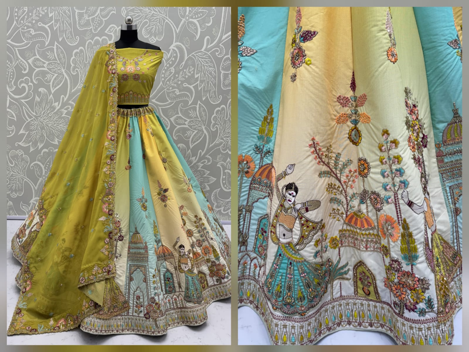 Exceptional Lime Green Craft Embroidery Patch on Multi Color Lehenga with Sober Embroidery work on it with beautiful dupatta and Blouse 