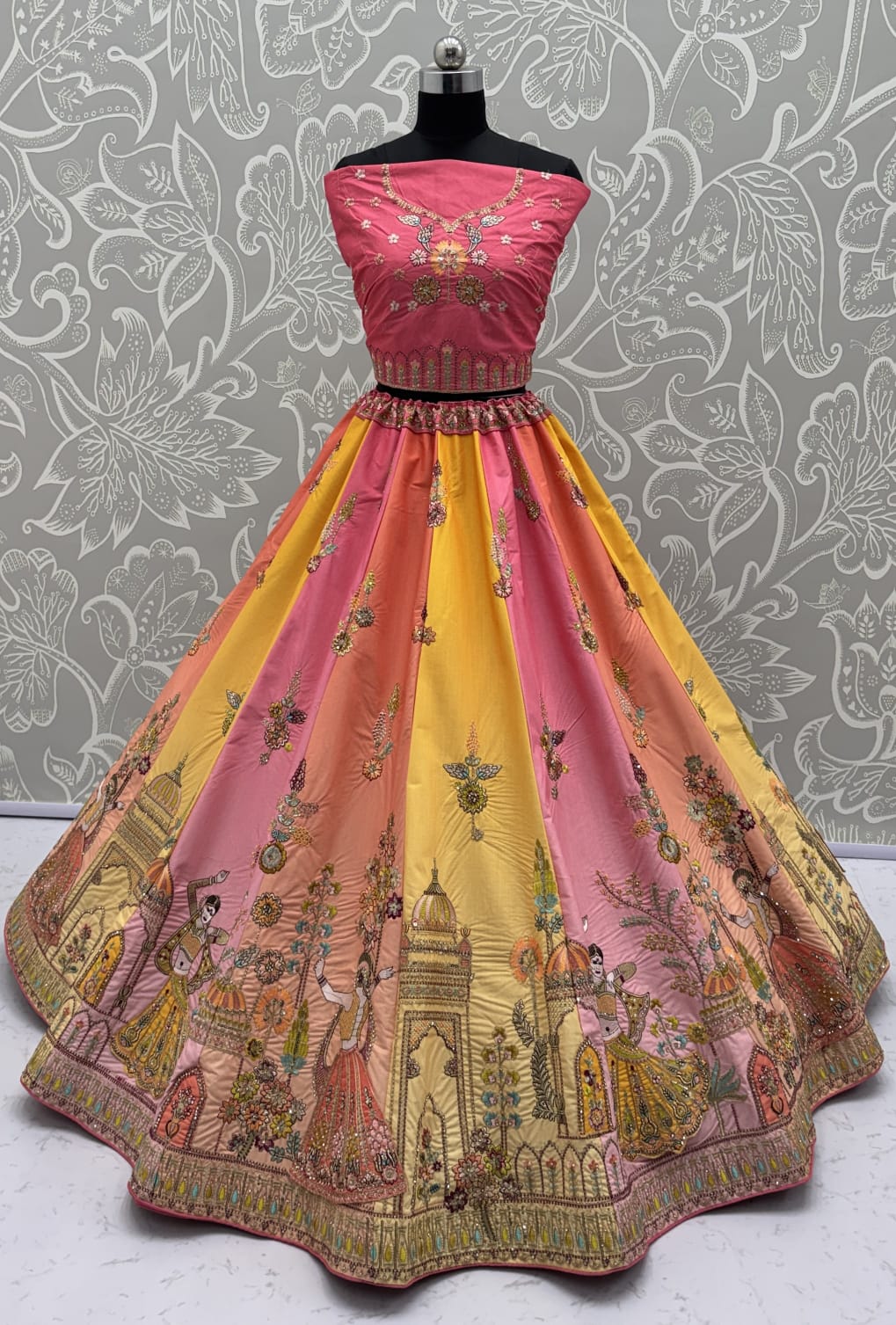 Exceptional pink Craft Embroidery Patch on Multi Color Lehenga with Sober Embroidery work on it with beautiful dupatta and Blouse 