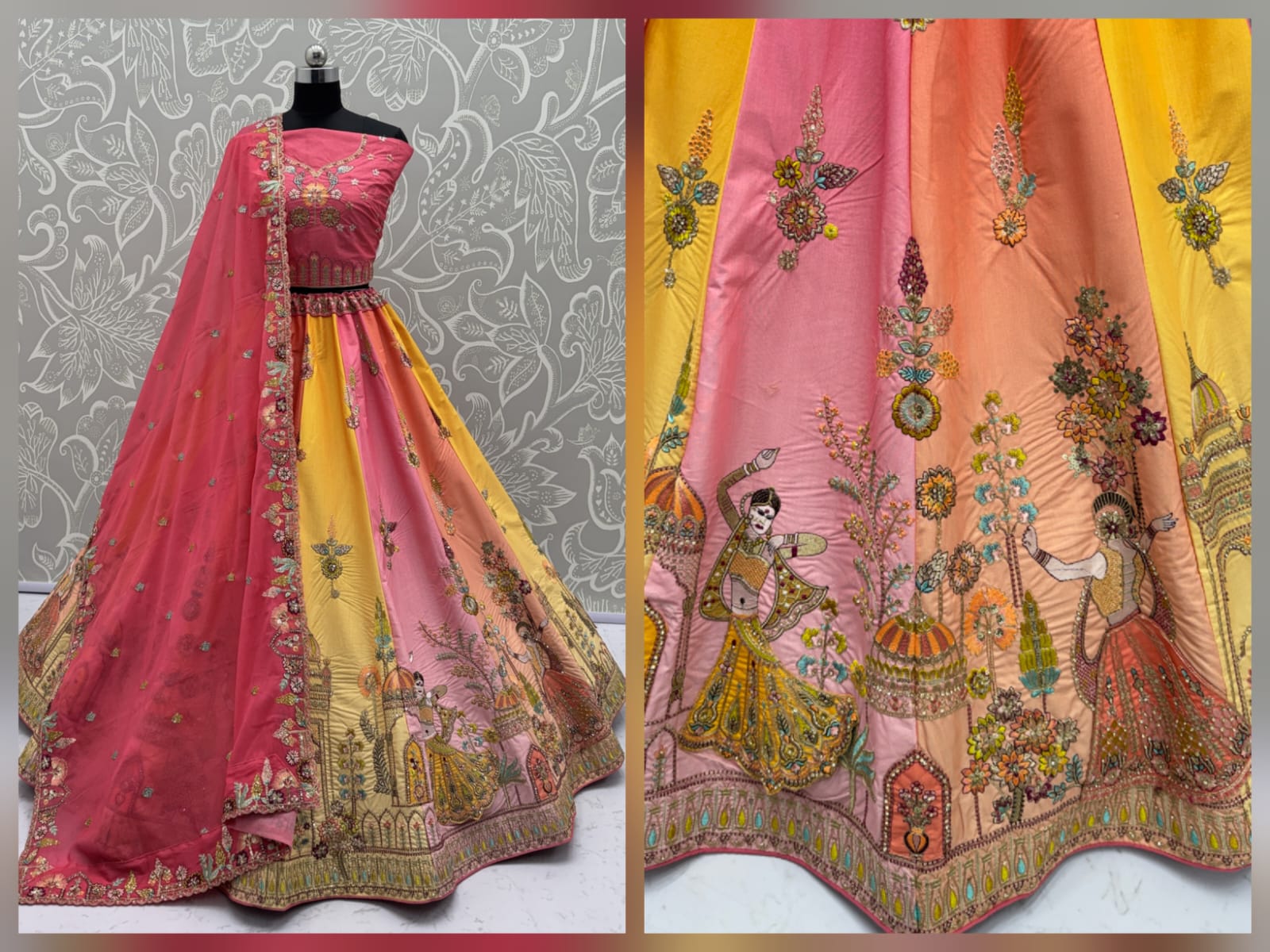 Exceptional pink Craft Embroidery Patch on Multi Color Lehenga with Sober Embroidery work on it with beautiful dupatta and Blouse 