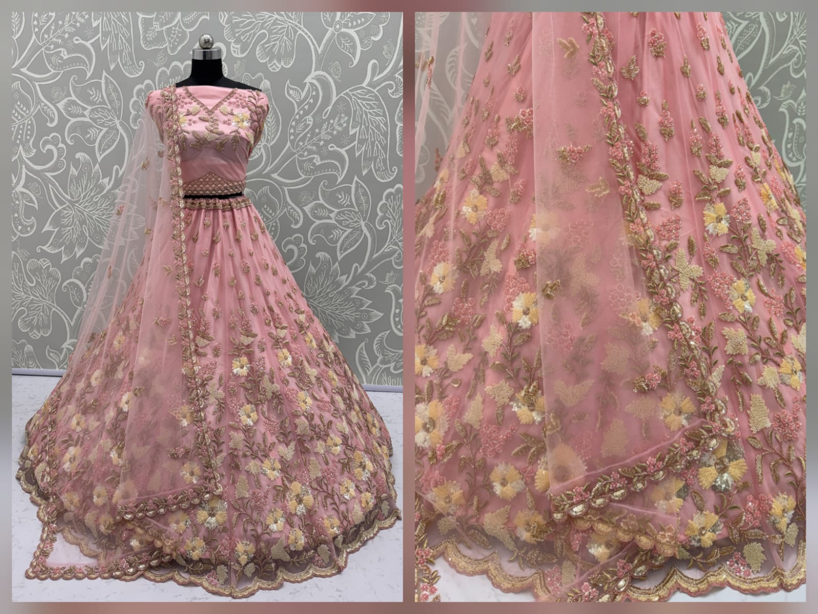 Handwork Pink and Motif Work Designer Partywear Lehengacholi 