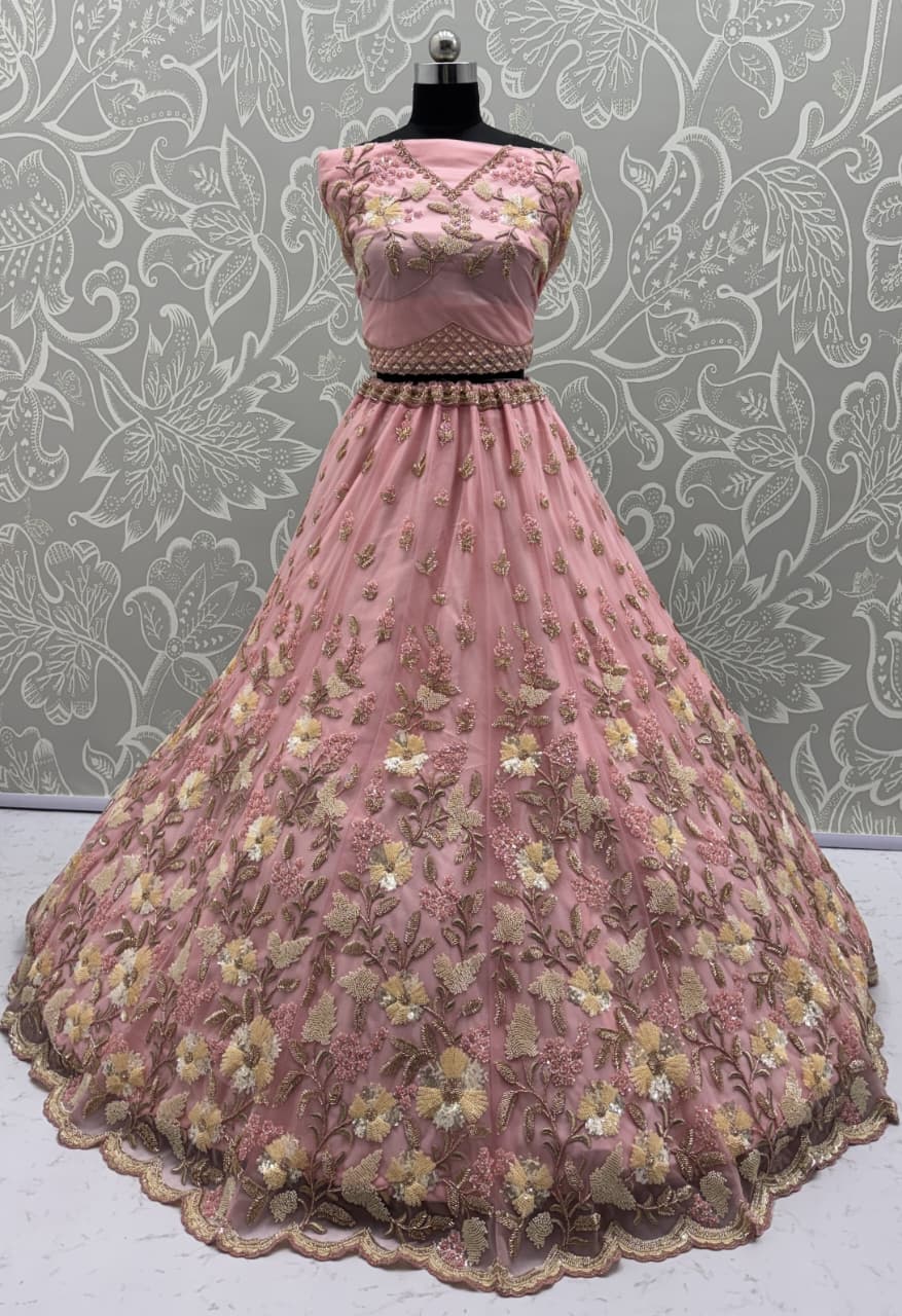 Handwork Pink and Motif Work Designer Partywear Lehengacholi 