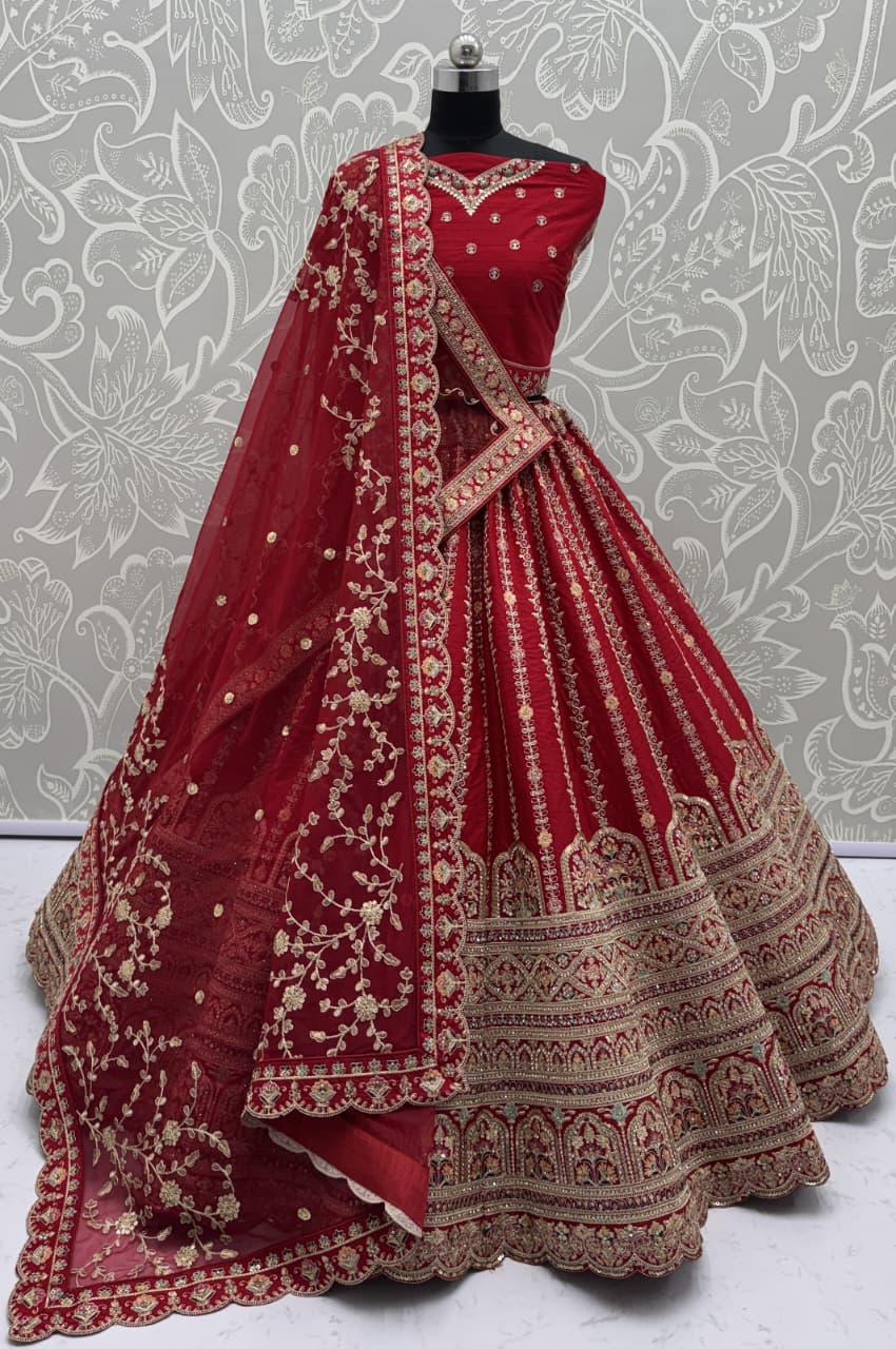 Details Red Embroidered Perfect Bridal Lehenga Choli with double Dupatta 