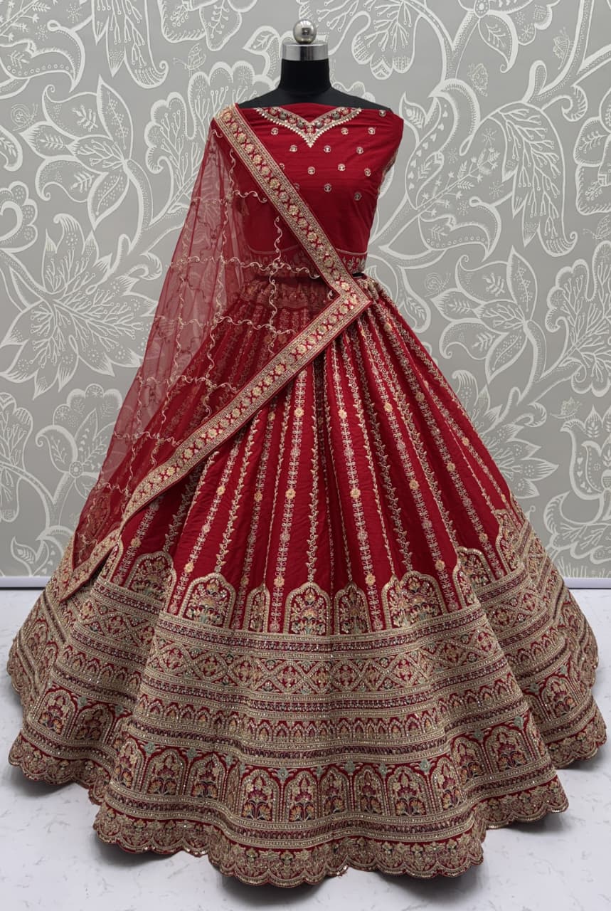 Details Red Embroidered Perfect Bridal Lehenga Choli with double Dupatta 