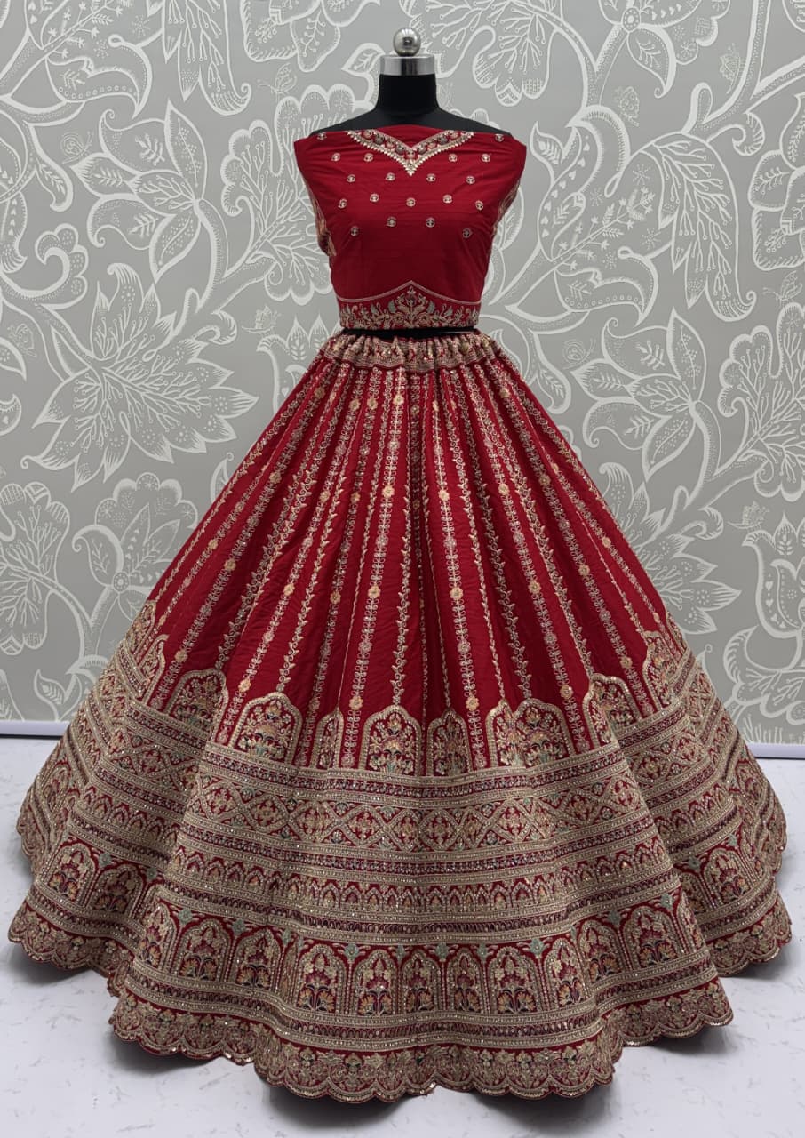Details Red Embroidered Perfect Bridal Lehenga Choli with double Dupatta 