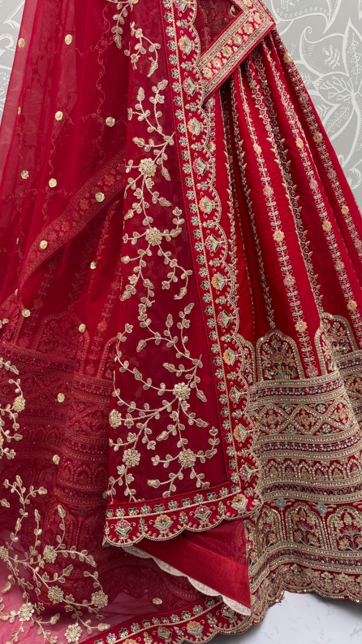 Details Red Embroidered Perfect Bridal Lehenga Choli with double Dupatta 