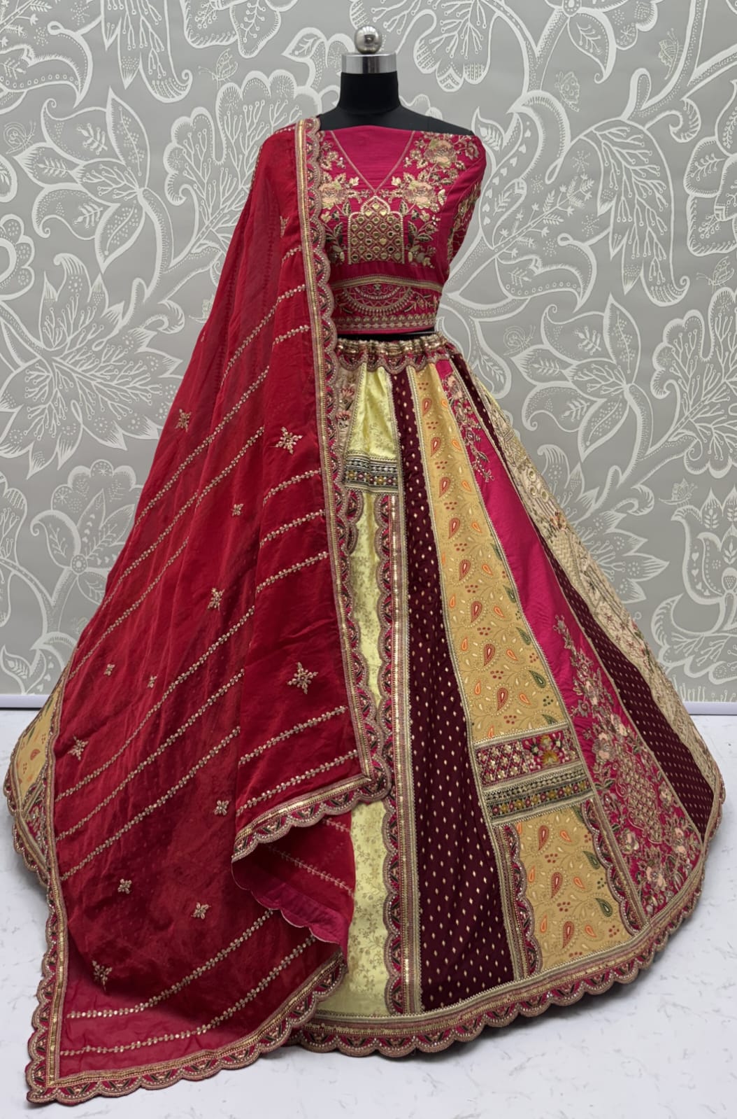 Fabulous Matching Fabrics and Designer Pattern Embroidery with Handwork Mirror Crafted Lehenga Choli 