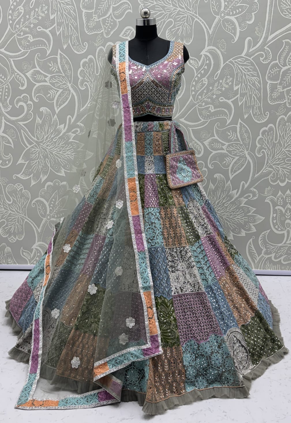 Full Flaired Chain Embroidery with Real Mirror work Designer Lehenga Choli 