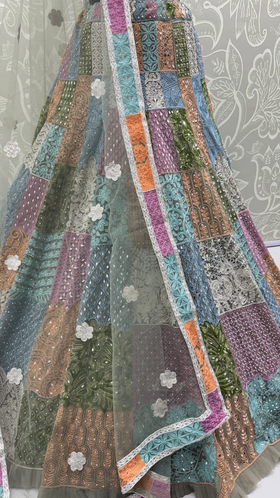 Full Flaired Chain Embroidery with Real Mirror work Designer Lehenga Choli 