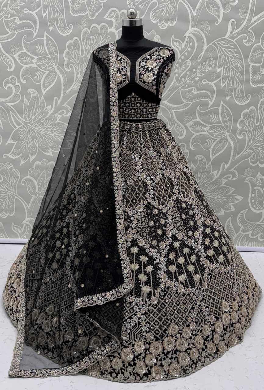 Designer Work Combine with Pattern Embroidery Double Net Crafted Black Color Beautiful Lehengacholi 