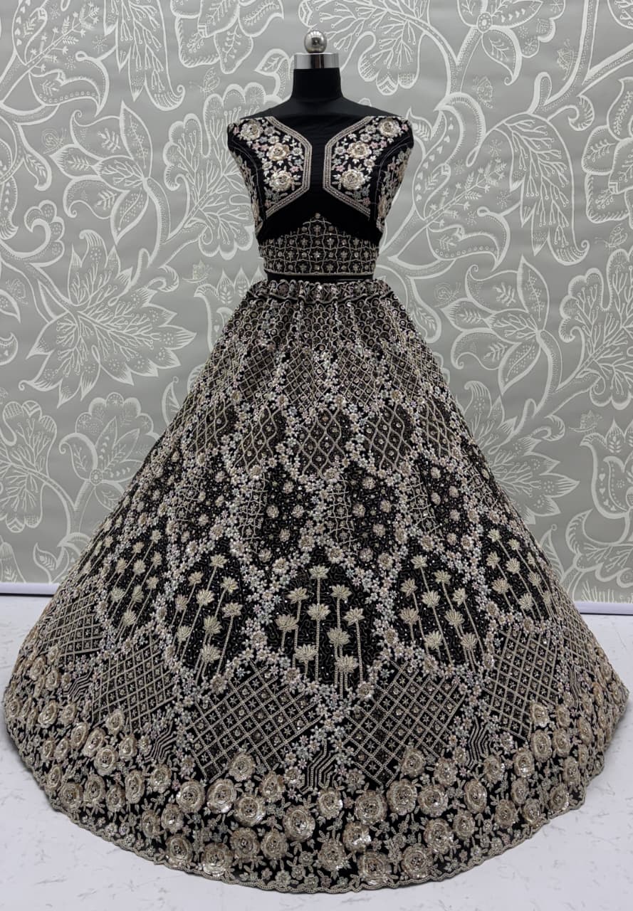 Designer Work Combine with Pattern Embroidery Double Net Crafted Black Color Beautiful Lehengacholi 