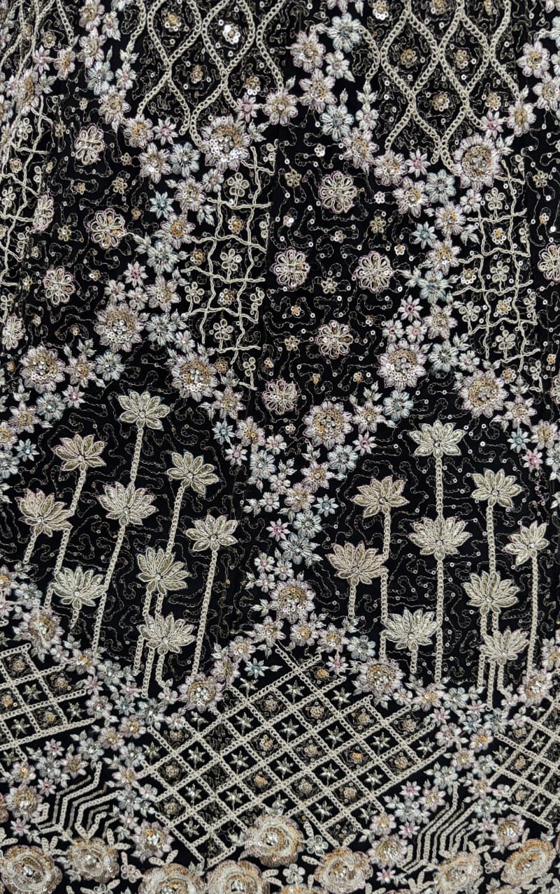 Designer Work Combine with Pattern Embroidery Double Net Crafted Black Color Beautiful Lehengacholi 