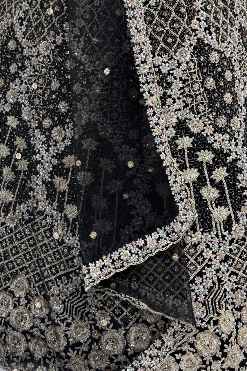 Designer Work Combine with Pattern Embroidery Double Net Crafted Black Color Beautiful Lehengacholi 