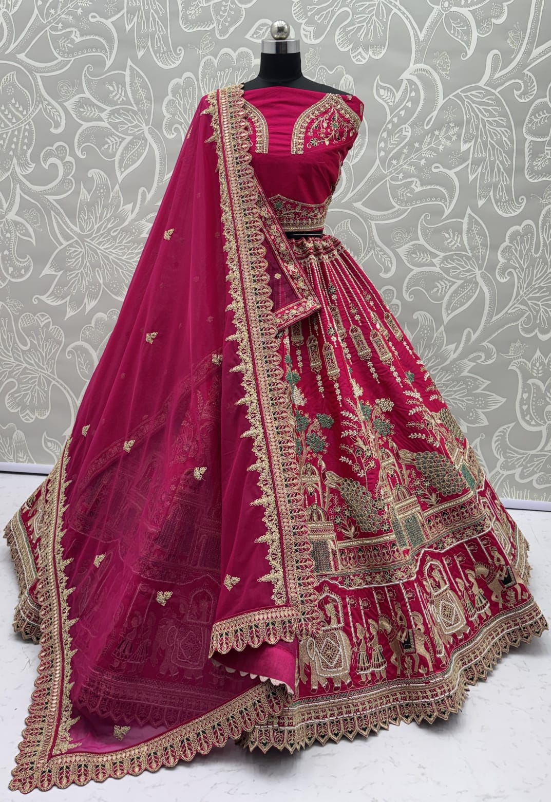 Outstanding Pink Embroidered Silk Bridal Lehenga Choli With Double Dupatta