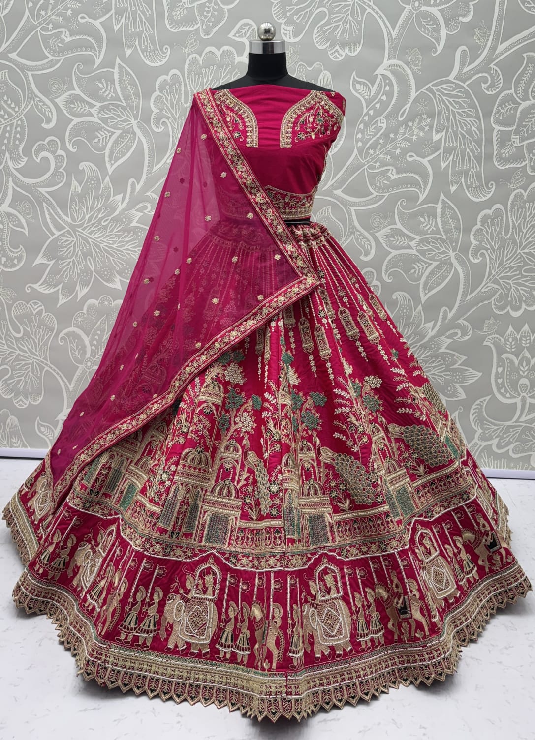 Outstanding Pink Embroidered Silk Bridal Lehenga Choli With Double Dupatta