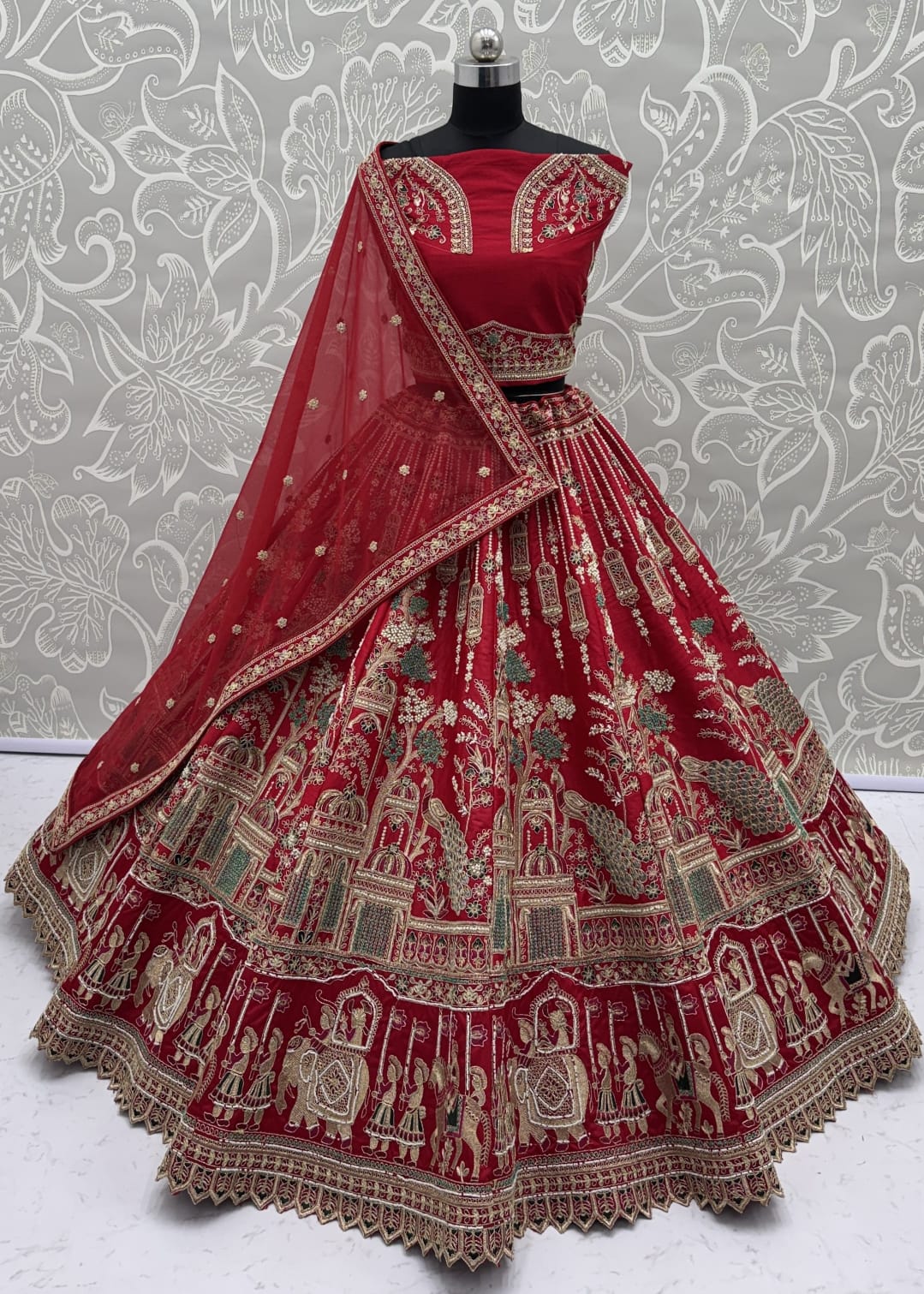 Graceful Red Embroidered Silk Bridal Lehenga Choli With Double Dupatta