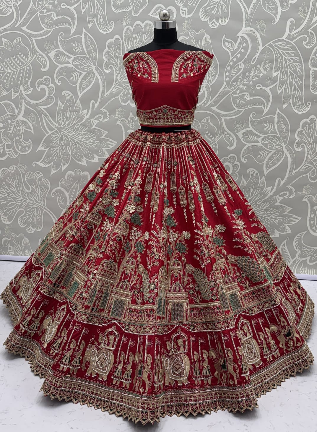 Graceful Red Embroidered Silk Bridal Lehenga Choli With Double Dupatta