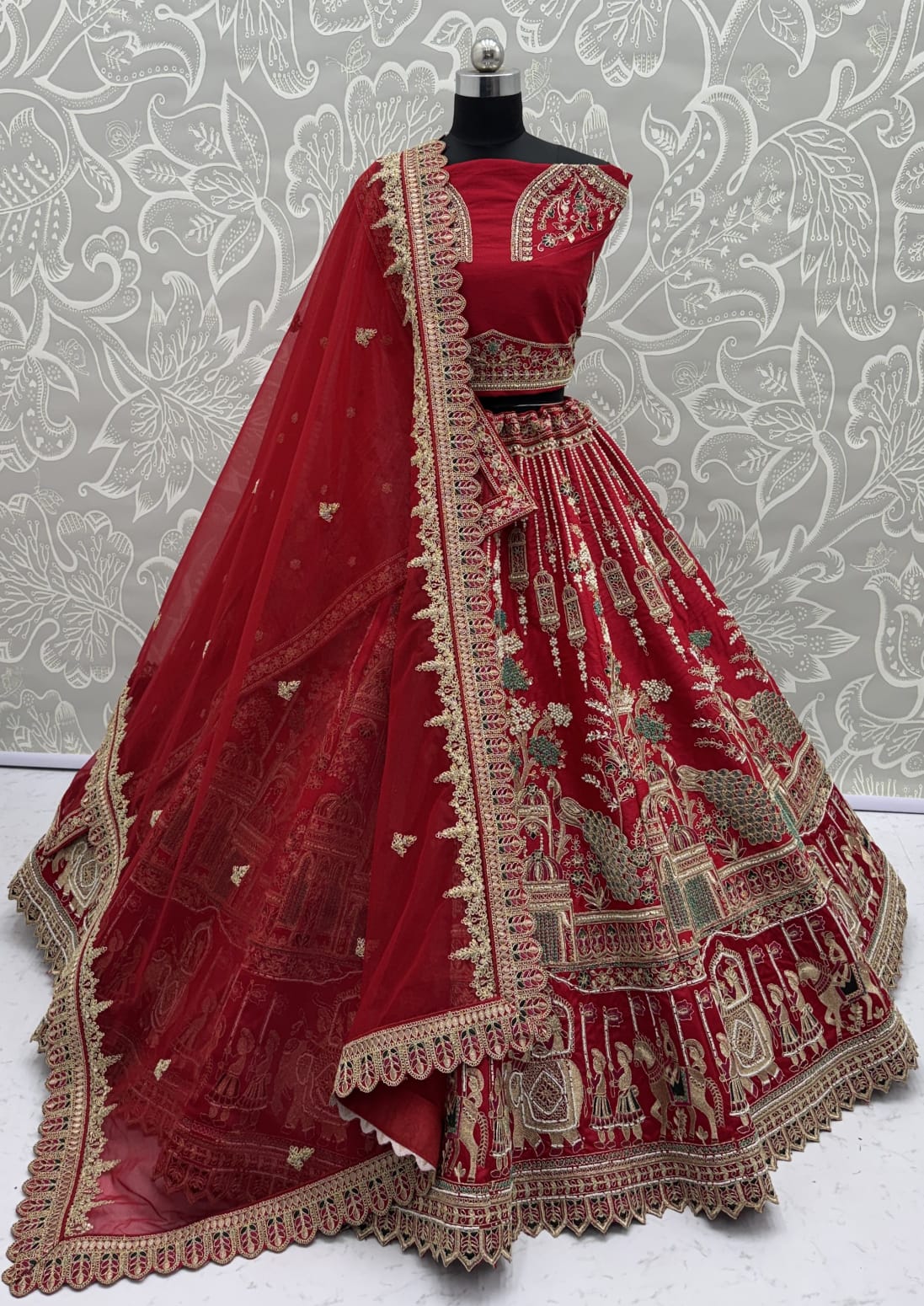 Graceful Red Embroidered Silk Bridal Lehenga Choli With Double Dupatta