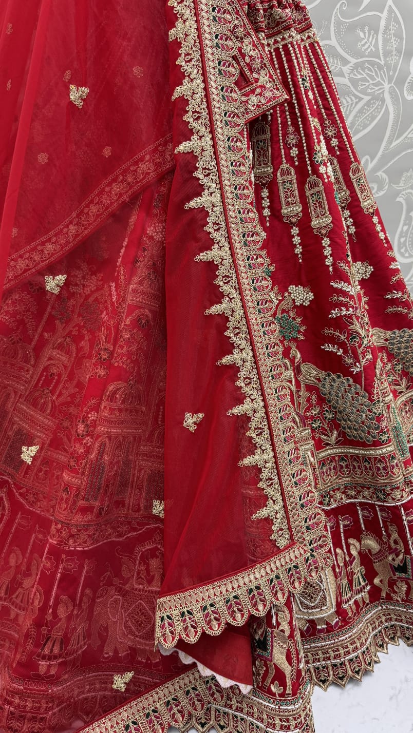 Graceful Red Embroidered Silk Bridal Lehenga Choli With Double Dupatta