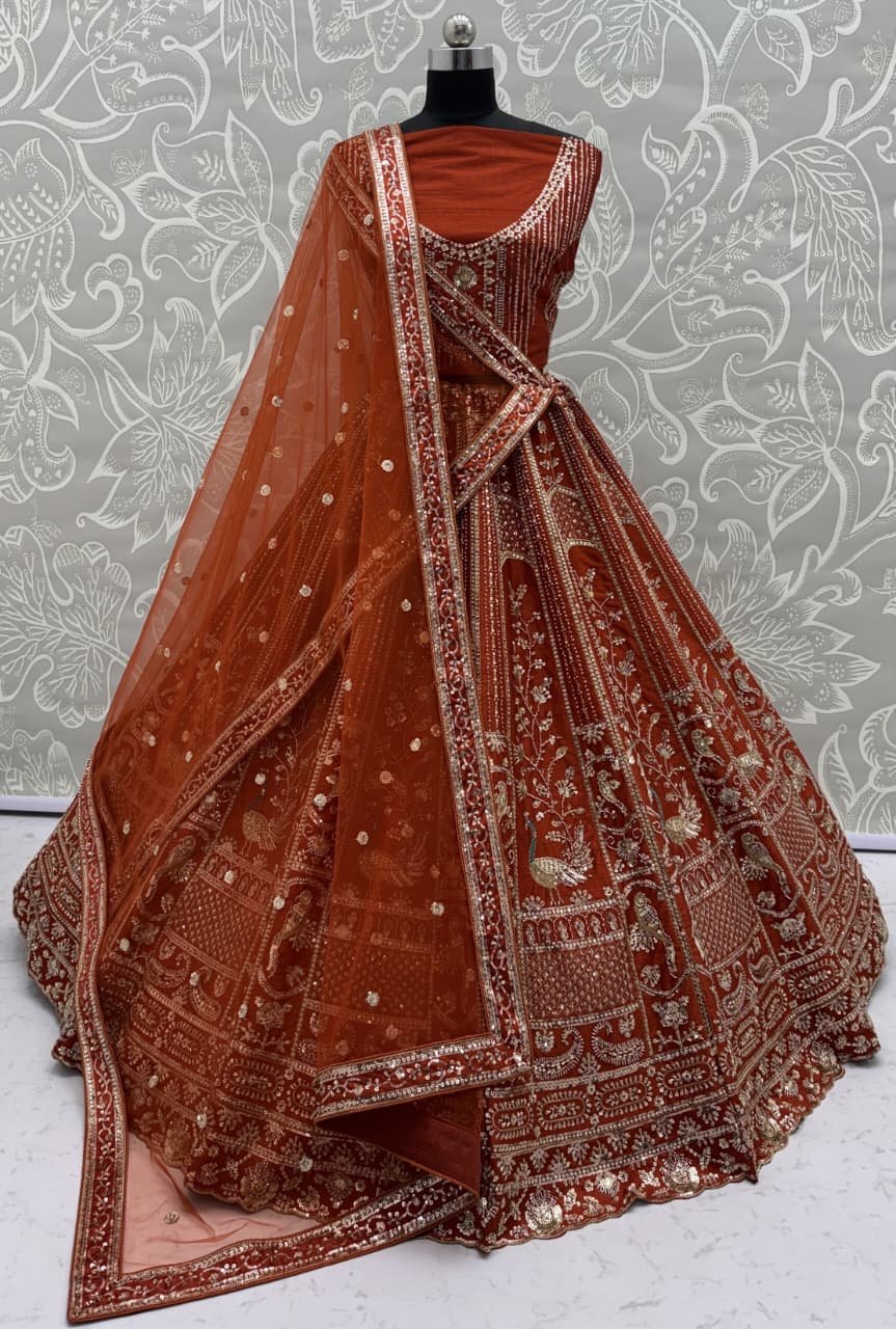 Beautiful Rust Orange Sequins Silk Bridal Lehenga Choli With Double Dupatta