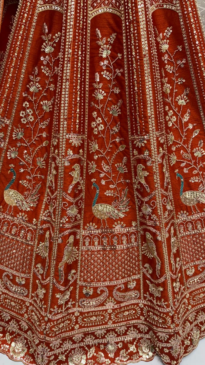 Beautiful Rust Orange Sequins Silk Bridal Lehenga Choli With Double Dupatta