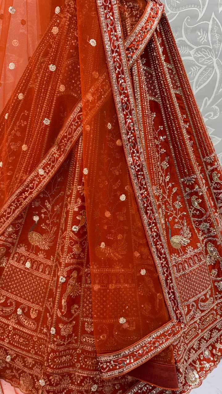 Beautiful Rust Orange Sequins Silk Bridal Lehenga Choli With Double Dupatta