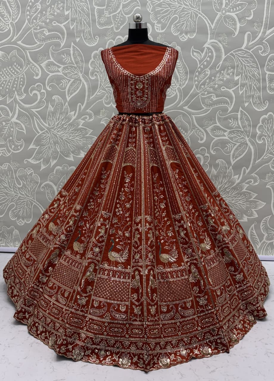Beautiful Rust Orange Sequins Silk Bridal Lehenga Choli With Double Dupatta