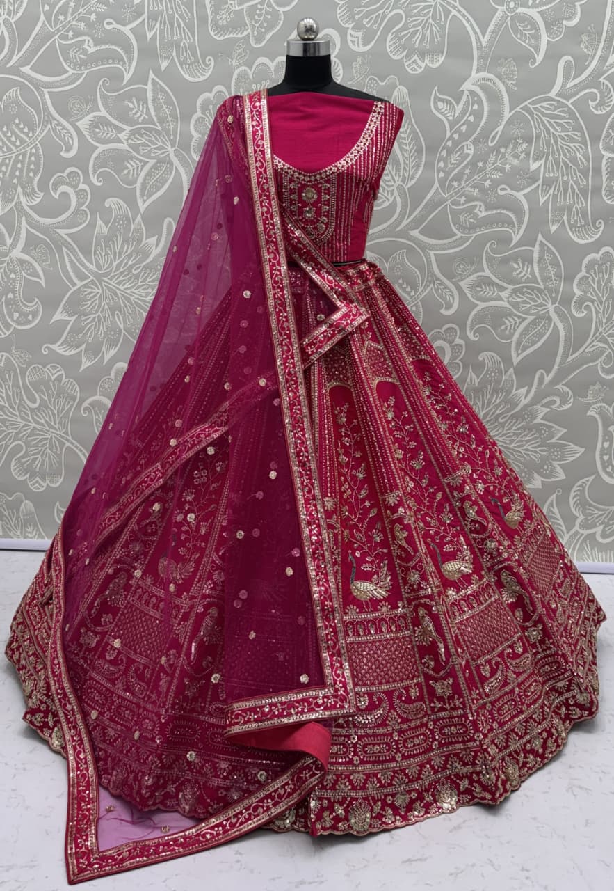 Classy Pink Thread Work Silk Bridal Lehenga Choli With Double Dupatta
