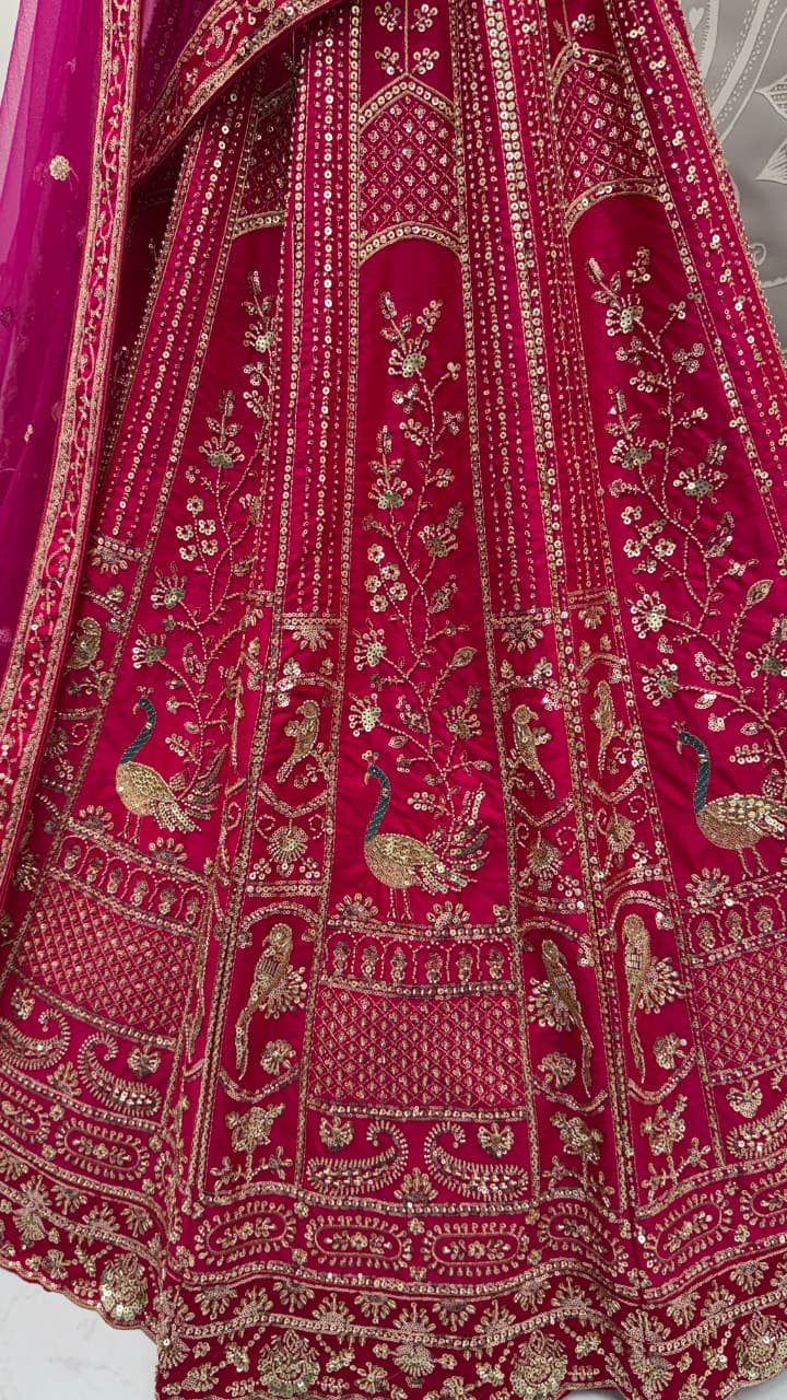 Classy Pink Thread Work Silk Bridal Lehenga Choli With Double Dupatta