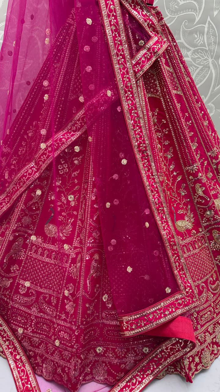 Classy Pink Thread Work Silk Bridal Lehenga Choli With Double Dupatta