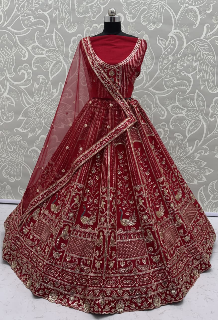 Astonishing Red Hand Work Silk Bridal Lehenga Choli With Double Dupatta