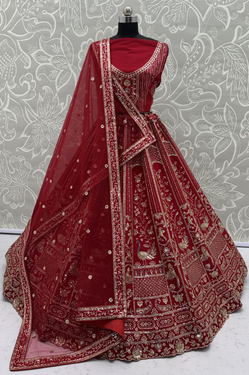 Astonishing Red Hand Work Silk Bridal Lehenga Choli With Double Dupatta