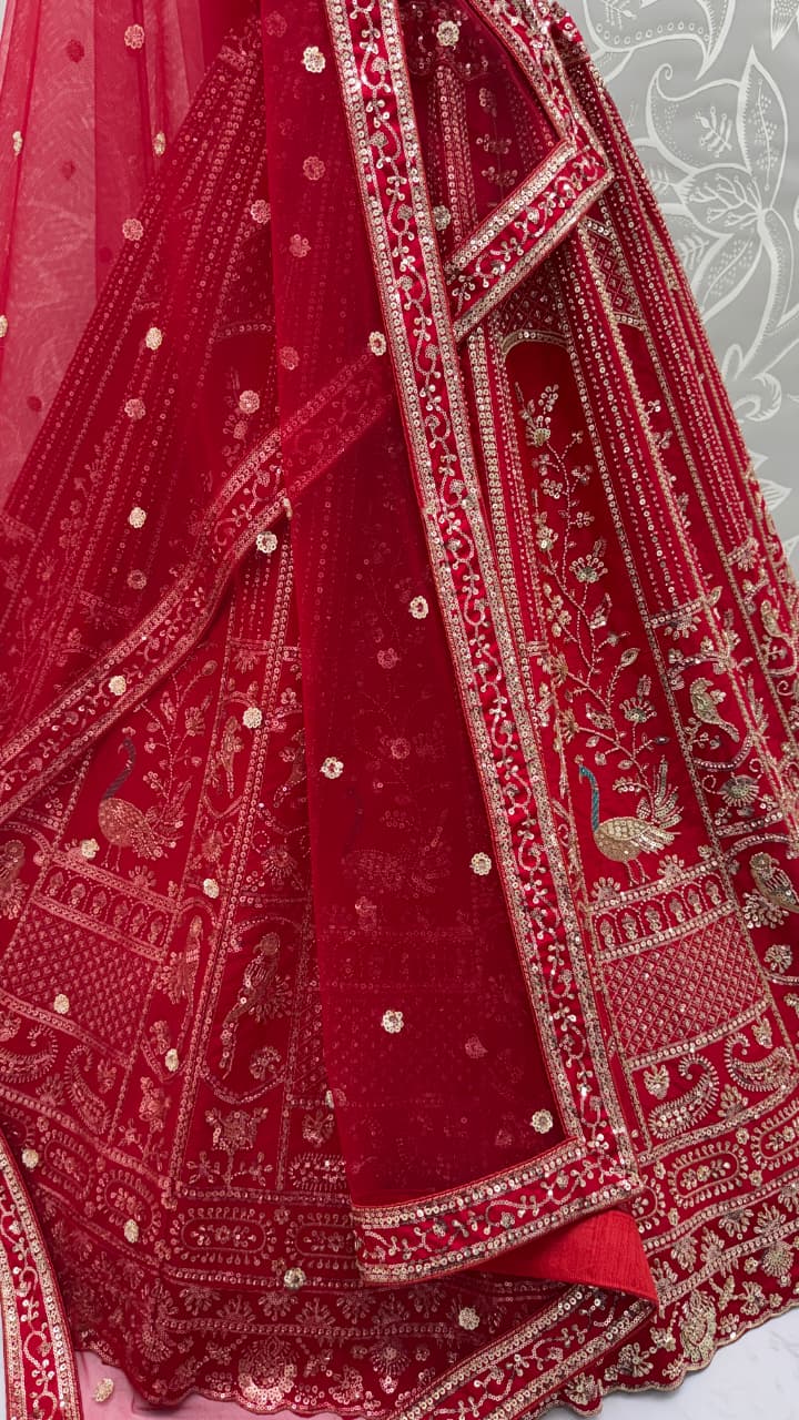 Astonishing Red Hand Work Silk Bridal Lehenga Choli With Double Dupatta