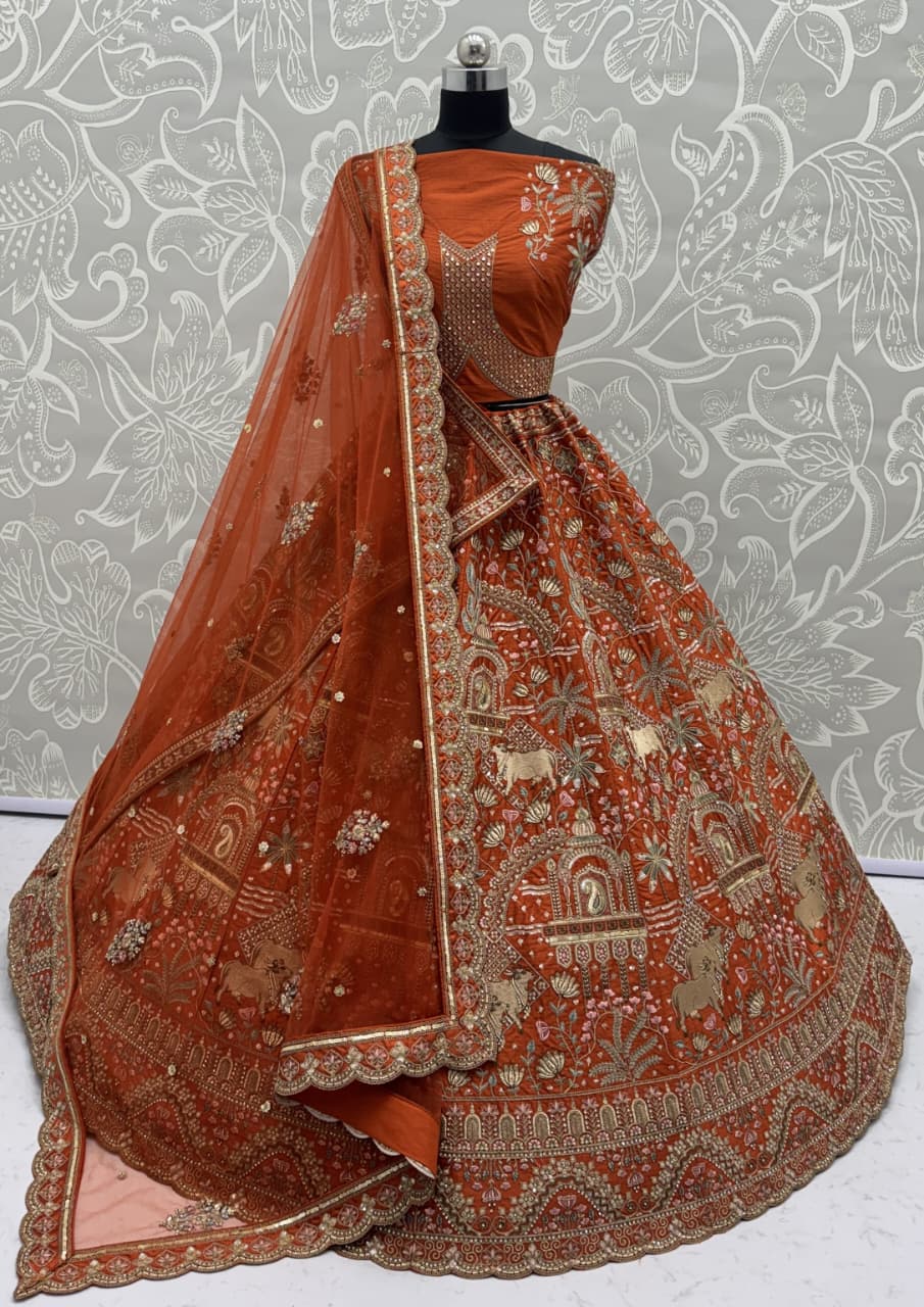Exclusive Orange Figure Embroidered Designer Bridal Lehenga Choli