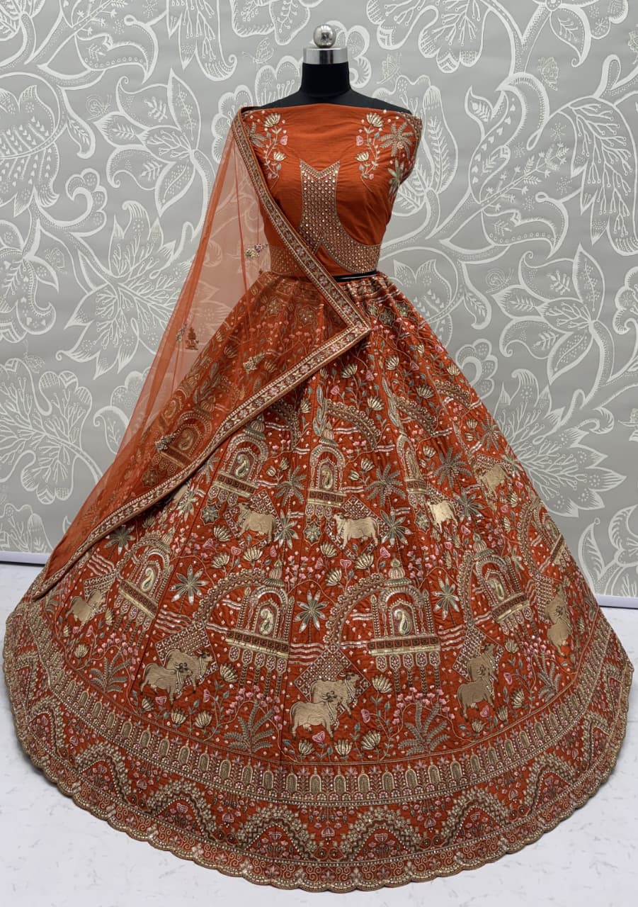 Exclusive Orange Figure Embroidered Designer Bridal Lehenga Choli