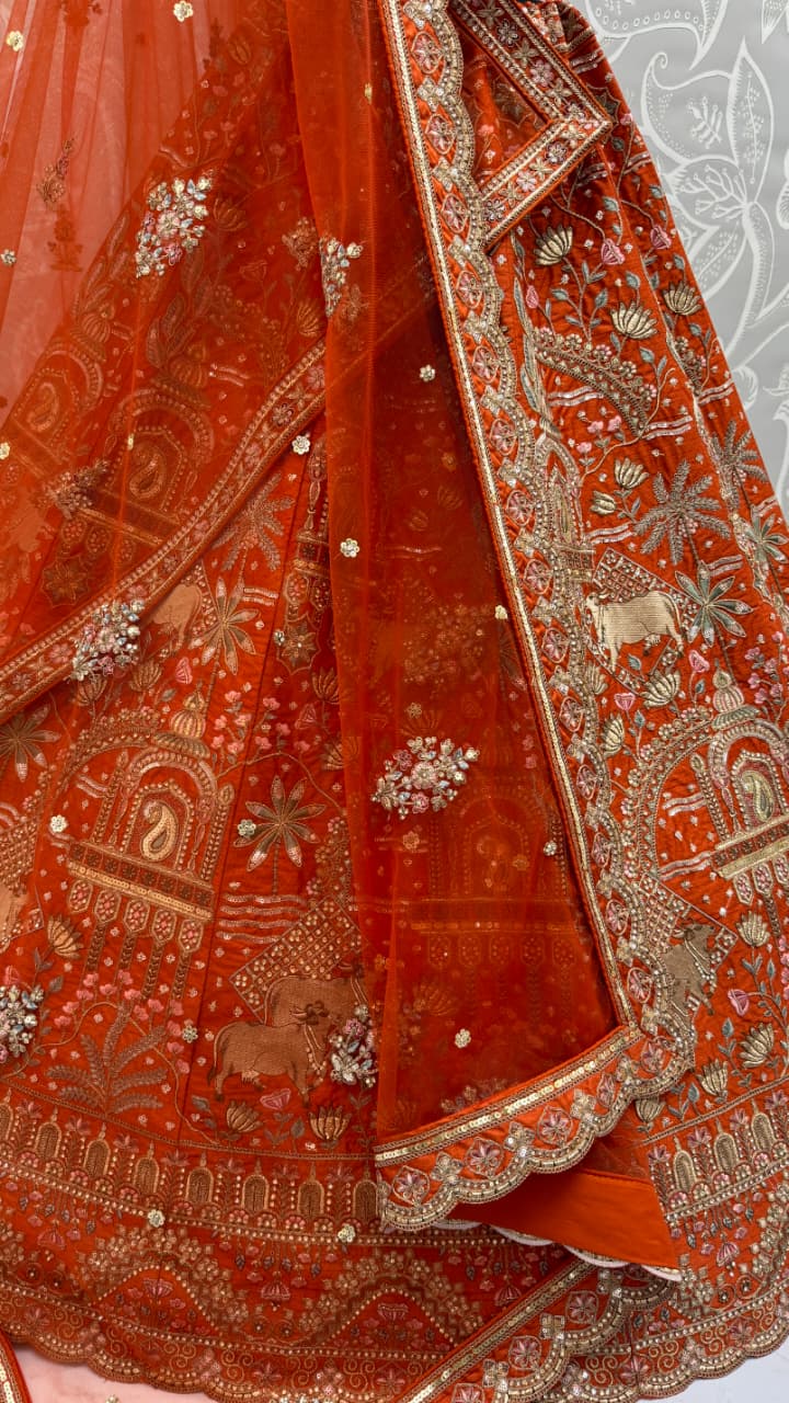 Exclusive Orange Figure Embroidered Designer Bridal Lehenga Choli