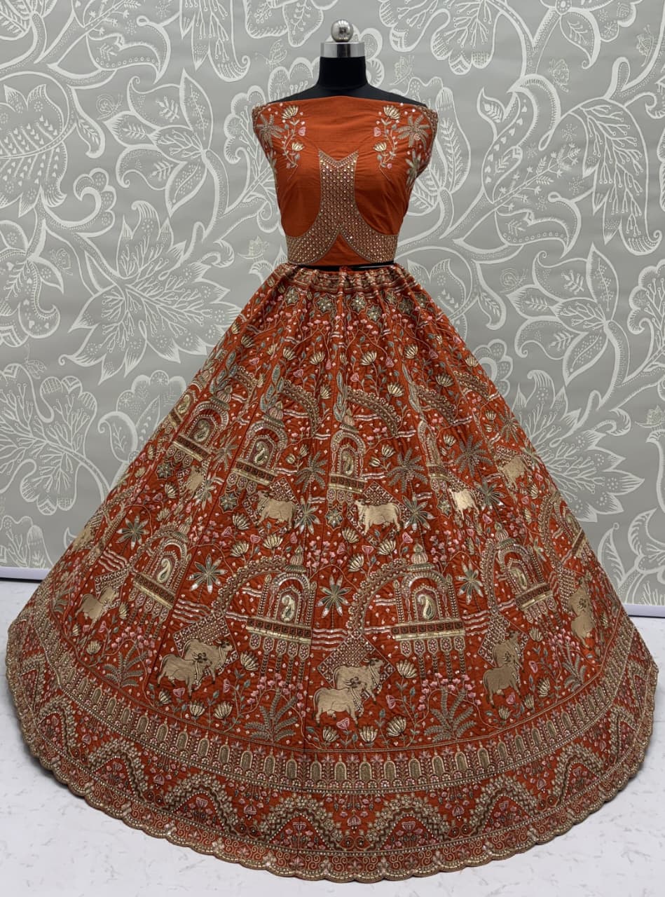 Exclusive Orange Figure Embroidered Designer Bridal Lehenga Choli
